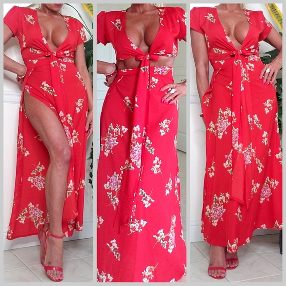 Red Hawaiian Summer Side Hip Slit Skirt & Top Set